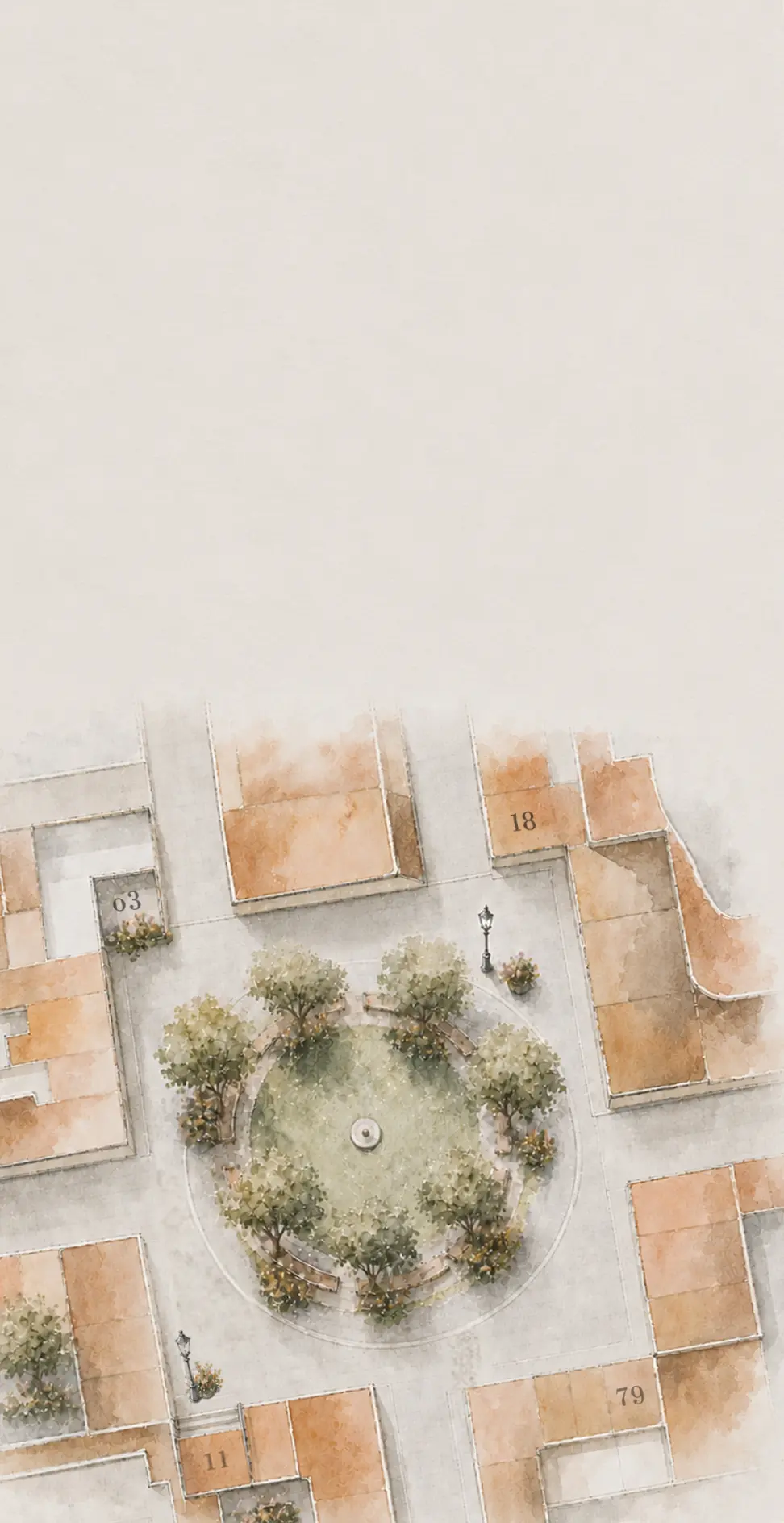 Aerial watercolour illustration of a city square