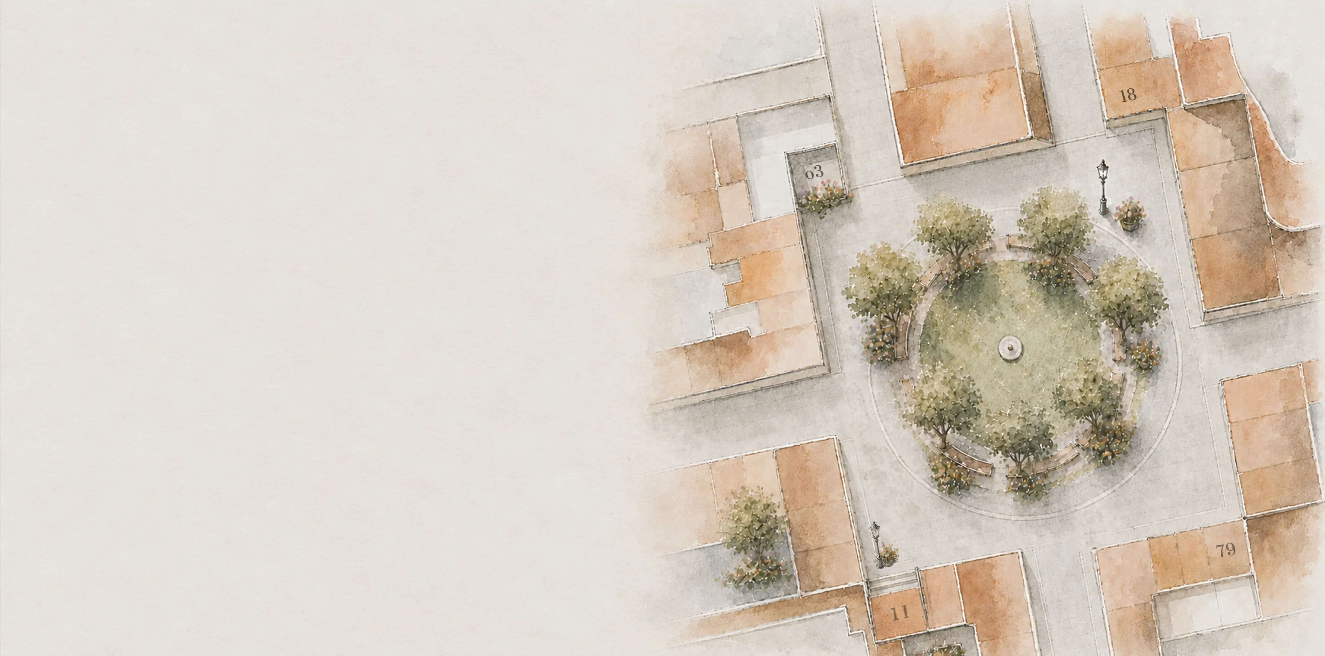 Aerial watercolour illustration of a city square